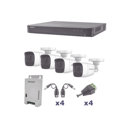 KIT TurboHD 1080p / DVR 4 Canales / 4 Cámaras Bala Policarbonato con Audio Integrado (exterior 2.8 mm) / Transceptores / Conectores / Fuente de Poder Profesional