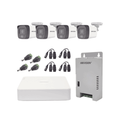 Kit TURBOHD 1080p / DVR 4 Canales / 4 Cámaras con Micrófono Integrado y 101° Visión / Luz Blanca + IR Visión Nocturna / Transceptores / Conectores / Fuente de Poder Profesional Compacta