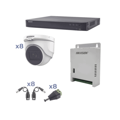 Kit TURBOHD 1080p / DVR 8 Canales / 8 Cámaras Turret (exterior 2.8 mm) / Conectores / Transceptores / Fuente de Poder Profesional hasta 15 Vcc para Larga Distancia