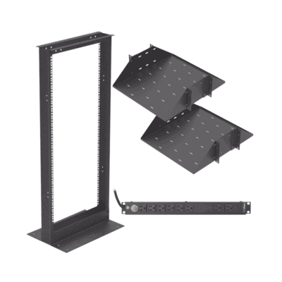 Kit de Rack Estándar 19", 24 UR con 2 Charolas  y PDU (8 tomas). Ideal para UPS y Servidores tipo Torre.
