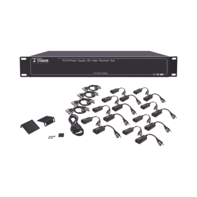 Kit de TRANSCEPTOR ACTIVO DE 16 Canales / VIDEO+PODER en un solo Cable UTP / 150m en 4K, 200m en 5 MP/ Envía 36 Vcc y recibe 12 Vcc / TODO INCLUIDO PARA RACK / Compatible con cámaras HD-TVI/CVI/AHD/CVBS / Instalación Limpia