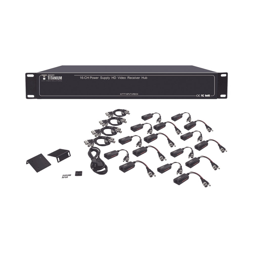 KITTT16PVTURBOX-l Kit de TRANSCEPTOR ACTIVO DE 16 Canales / VIDEO+PODER en un solo Cable UTP / 150m en 4K, 200m en 5 MP/ Envía 36 Vcc y recibe 12 Vcc / TODO INCLUIDO PARA RACK / Compatible con cámaras HD-TVI/CVI/AHD/CVBS / Instalación Limpia KITTT16PVTURBOX 1