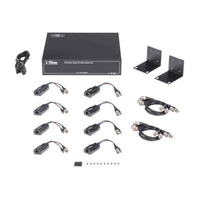 Kit de TRANSCEPTOR ACTIVO DE 8 CANALES / VIDEO+PODER en un solo Cable UTP / 150 metros en 4K, 200 metros en 5 MP/ Envía 36 Vcc y Recibe 12 Vcc / TODO INCLUIDO PARA RACK / Compatible con cámaras HD-TVI/CVI/AHD/CVBS / INSTALACIÓN LIMPIA