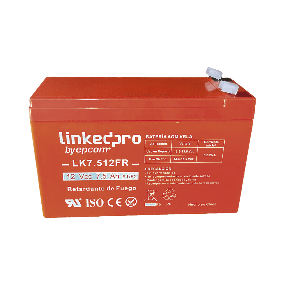 LK7.512FR-l Batería 12 V / 7.5 Ah / UL / Tecnología AGM / Vida útil promedio de 5 años / Retardante a la Flama / Para equipo electrónico, Alarmas de Intrusión / Incendio/ Control de acceso / Video Vigilancia / Incluye adaptad LK7.512FR 1
