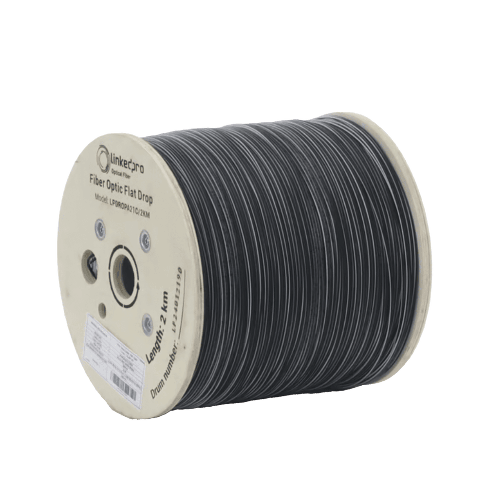 LPDROPA21C_2KM-l Carrete de 2 km de Fibra Óptica Drop Plana, Interior/Exterior G.657A2 Monomodo de 1 hilo (unifibra), Dieléctrica, Forro Negro, Compatible con Conectores FASC, FASCUP, FASCLC LPDROPA21C/2KM 1