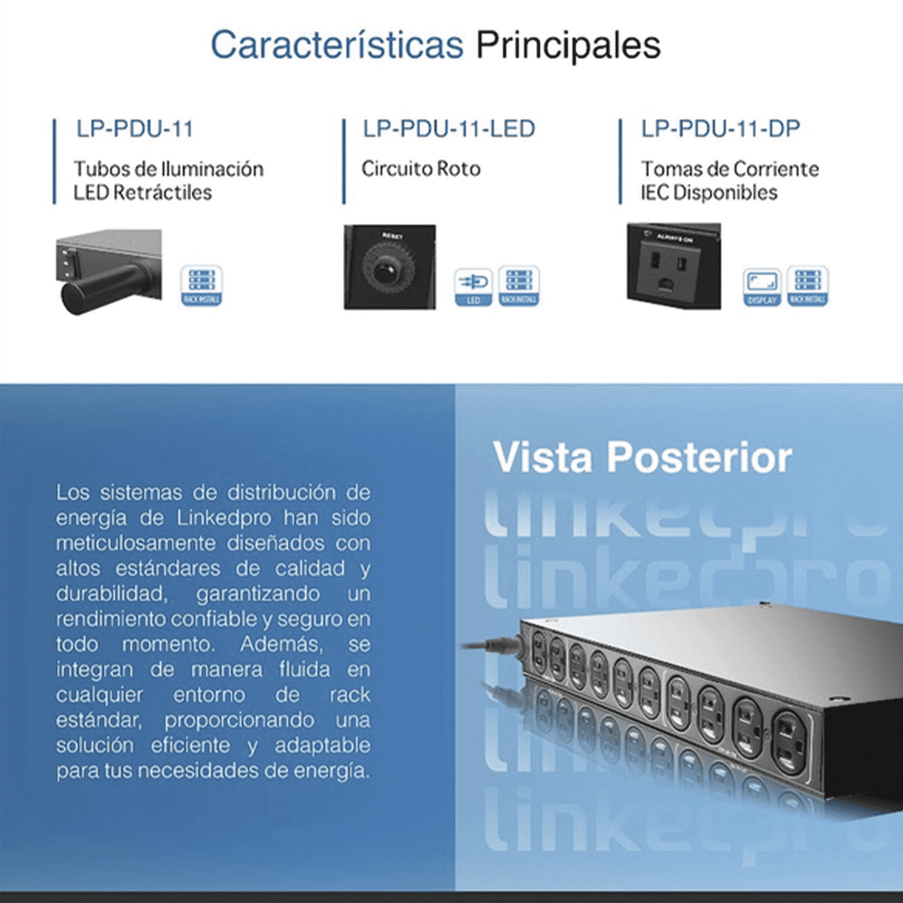 LPPDU11DP-AD-11-l PDU para Distribución de Energía, Montaje en Rack, 11 salidas, Instalación Horizontal, de 19in, 1U, 15 Amp, 120 Vca, Con Indicador Led Y Display LP-PDU-11DP 4