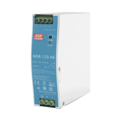 Fuente de poder industrial de 120 W, salida 48 Vcc, entrada 90~264 VCA, para montaje en riel DIN,