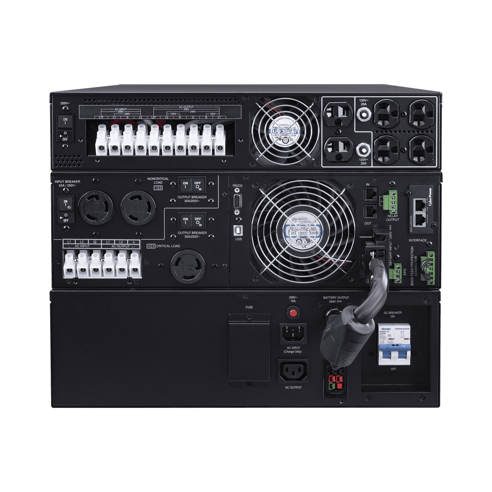 OL10KRTF-AD-3-l UPS de 10000 VA/10000 W, Online Doble Conversión, 200 - 240 Vac de Entrada, 120 - 240 Vac de Salida, Entrada Hardwired, Onda Senoidal Pura, Torre o Rack de 8 UR, Con 6 Tomas NEMA 5-20R, 3 NEMA L6-30R y Terminal Hardwire OL10KRTF 4