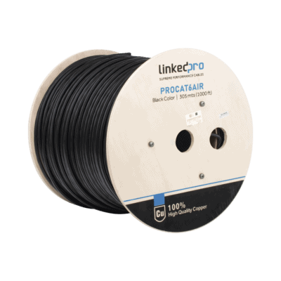 Bobina de Cable FTP con Mensajero de Acero de 305 Metros (1000 Pies) Cat6+ Calibre 23, Color Negro, para Aplicaciones en Video Vigilancia y Redes de Datos / Uso en Intemperie y Aplicaciones Aéreas