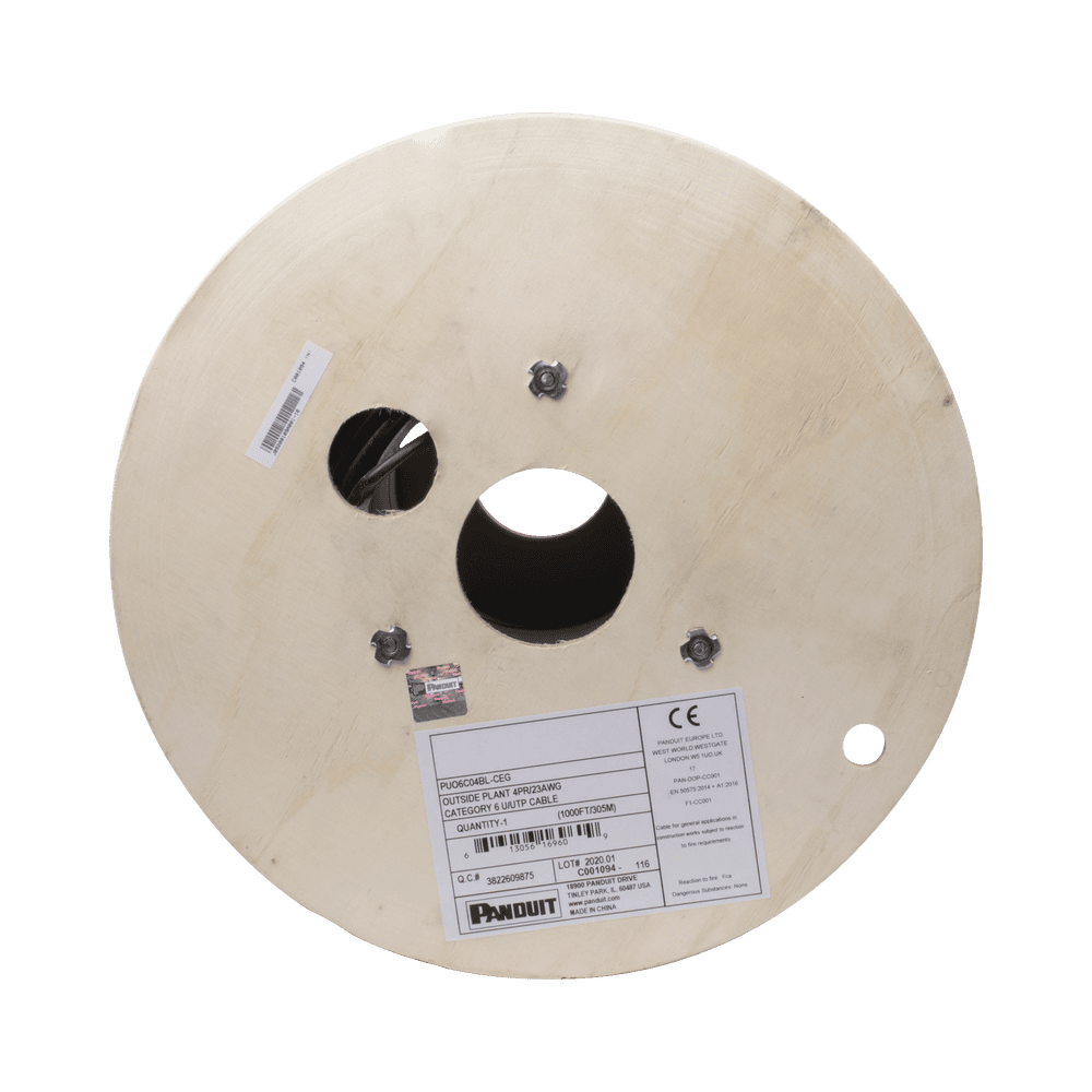 PUO6C04BLCEG-AD-3-l Bobina de Cable UTP de 4 Pares, PanNet, Para Exterior con Gel, Cat6 (23 AWG), Industrial para Climas Extremos, Color Negro, 305 Metros (1000 Pies) PUO6C04BL-CEG 4