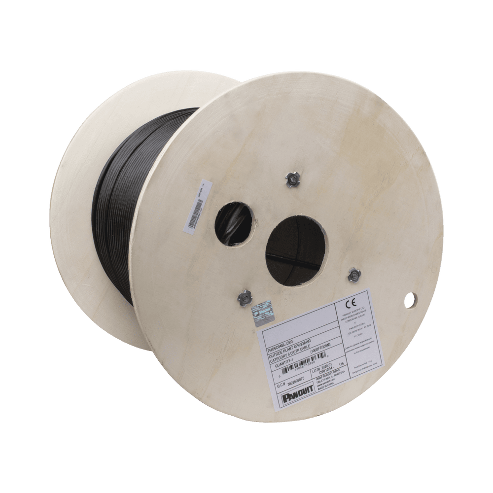 PUO6C04BLCEG-l Bobina de Cable UTP de 4 Pares, PanNet, Para Exterior con Gel, Cat6 (23 AWG), Industrial para Climas Extremos, Color Negro, 305 Metros (1000 Pies) PUO6C04BL-CEG 1