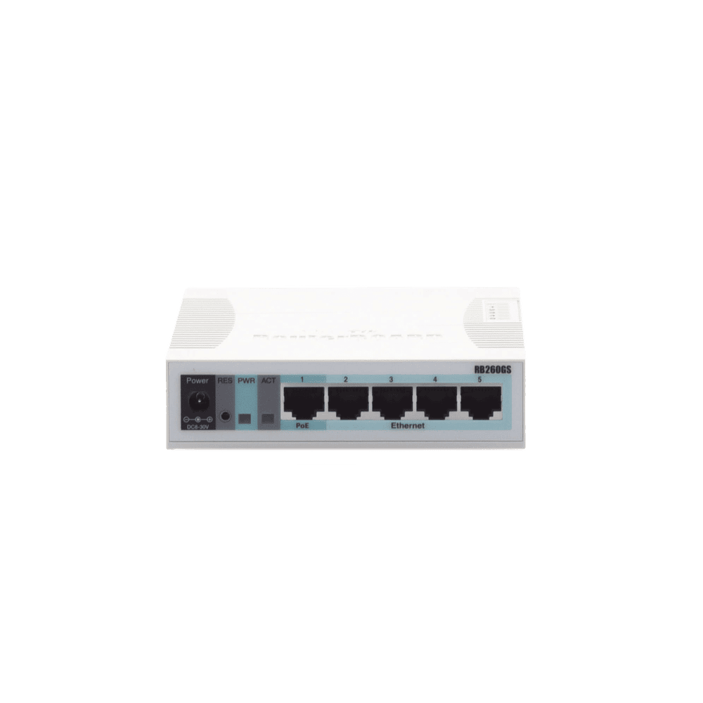 RB260GS-FRENTE-l Switch Mikrotik 5 puertos Gigabit Ethernet y 1 SFP RB260GS 2