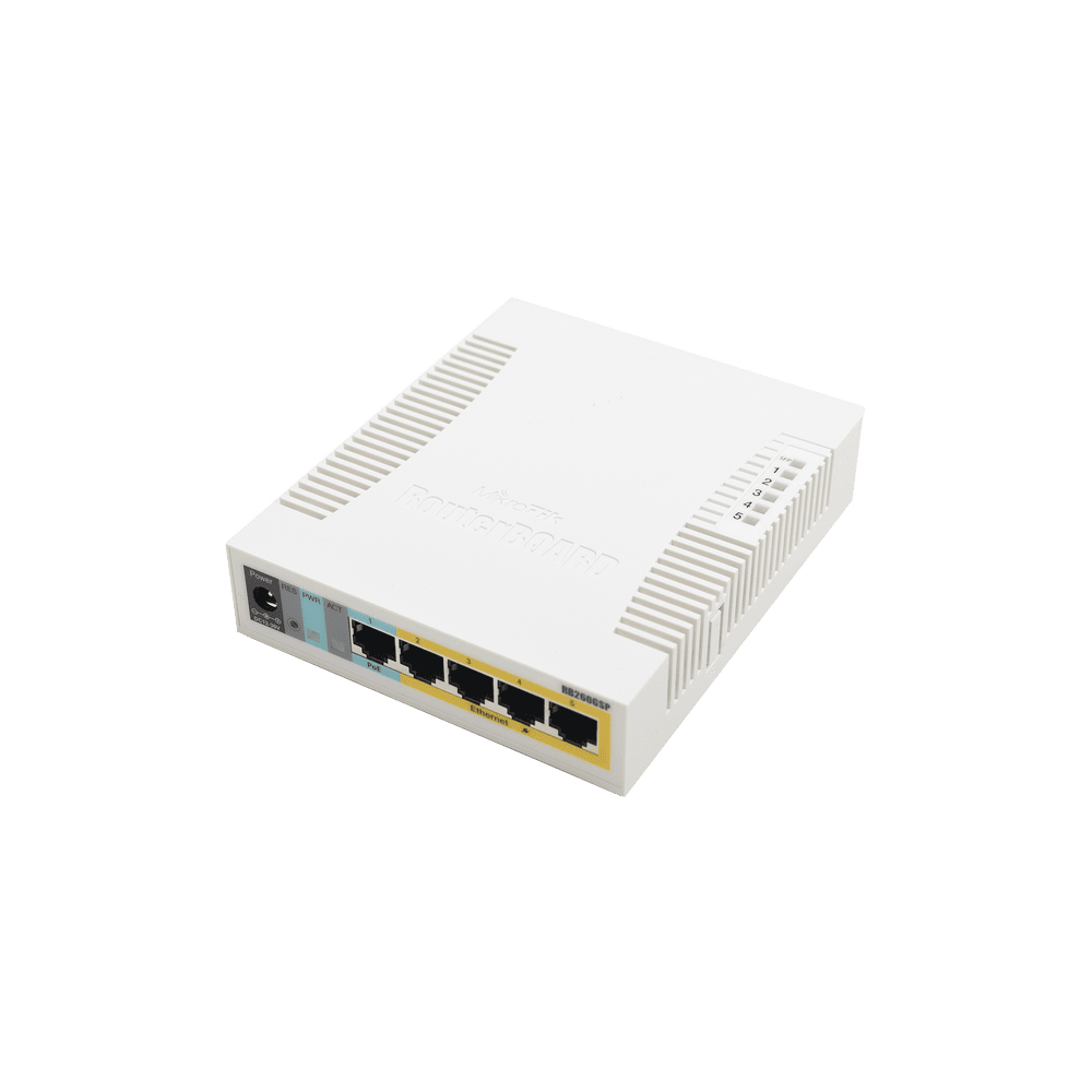 RB260GSP-FRENTE-l (RB260GSP) Switch Mikrotik 5 puertos PoE (Pasivo) (1in/4out) Gigabit Ethernet y 1 SFP RB260GSP 2