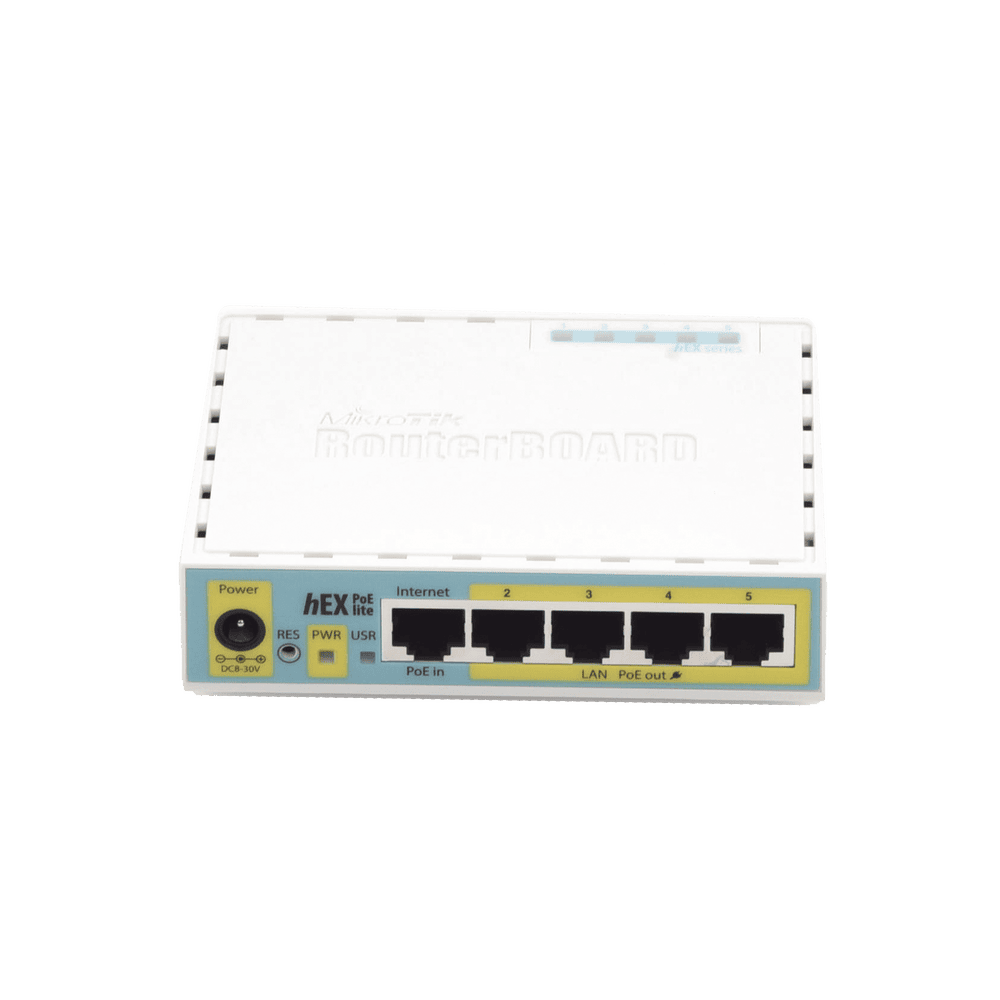 RB750UPR2-AD-3-l (hEX PoE LITE) RouterBoard, 5 Puertos Fast Ethernet, 4 con PoE Pasivo, 1 Puerto USB RB750UPR2 4