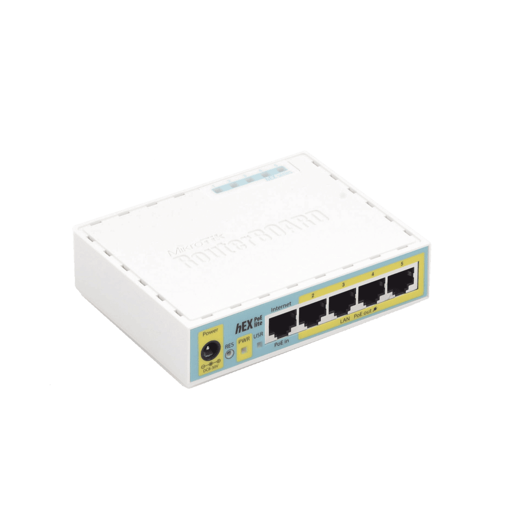 RB750UPR2-AD-5-l (hEX PoE LITE) RouterBoard, 5 Puertos Fast Ethernet, 4 con PoE Pasivo, 1 Puerto USB RB750UPR2 6