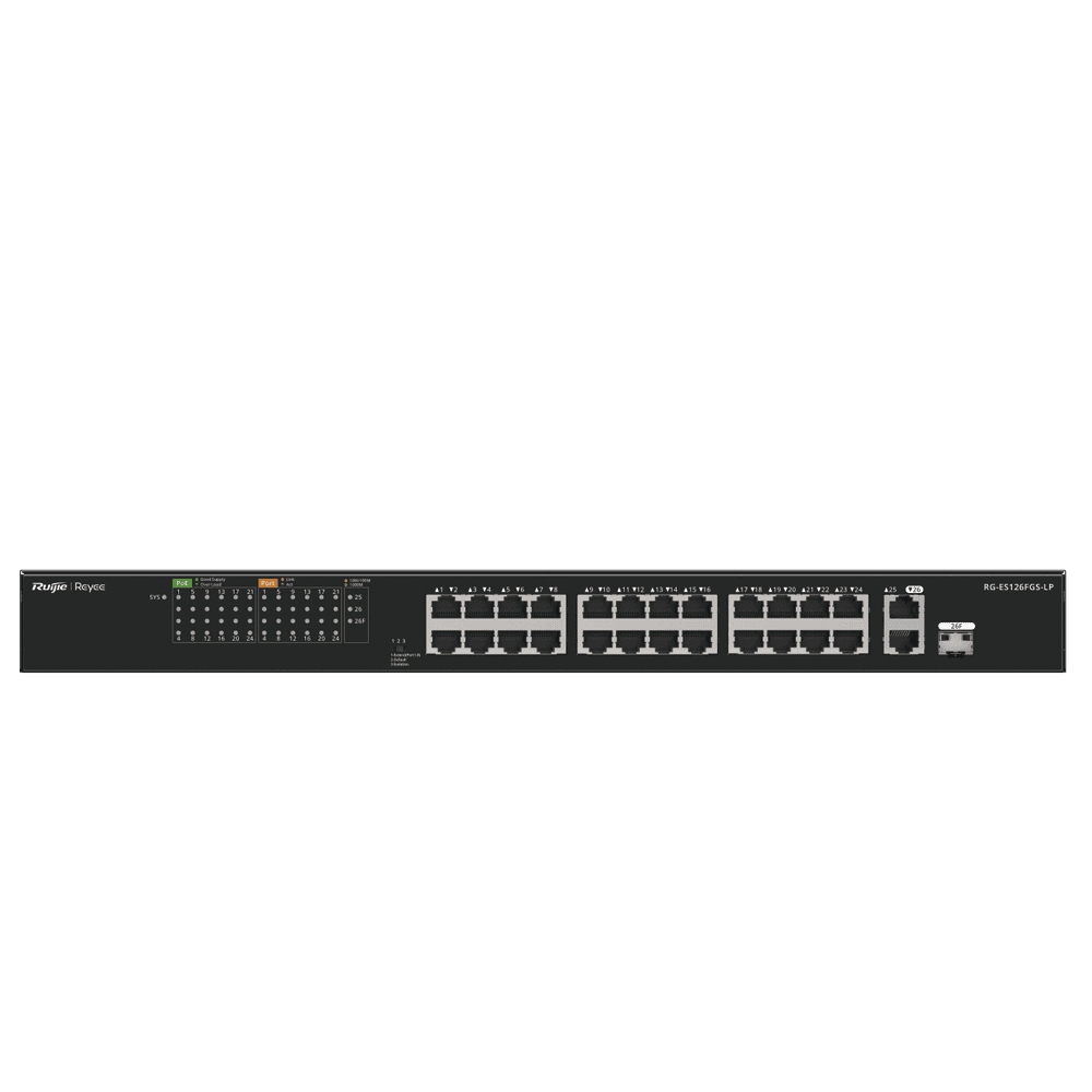 RGES126FGSLP-l Switch PoE+ no Administrable, hasta 180 Watts Ideal para CCTV, 24 Puertos 10/100 PoE+, 2 Uplinks Gigabit (1 SFP COMBO) RG-ES126FGS-LP 1