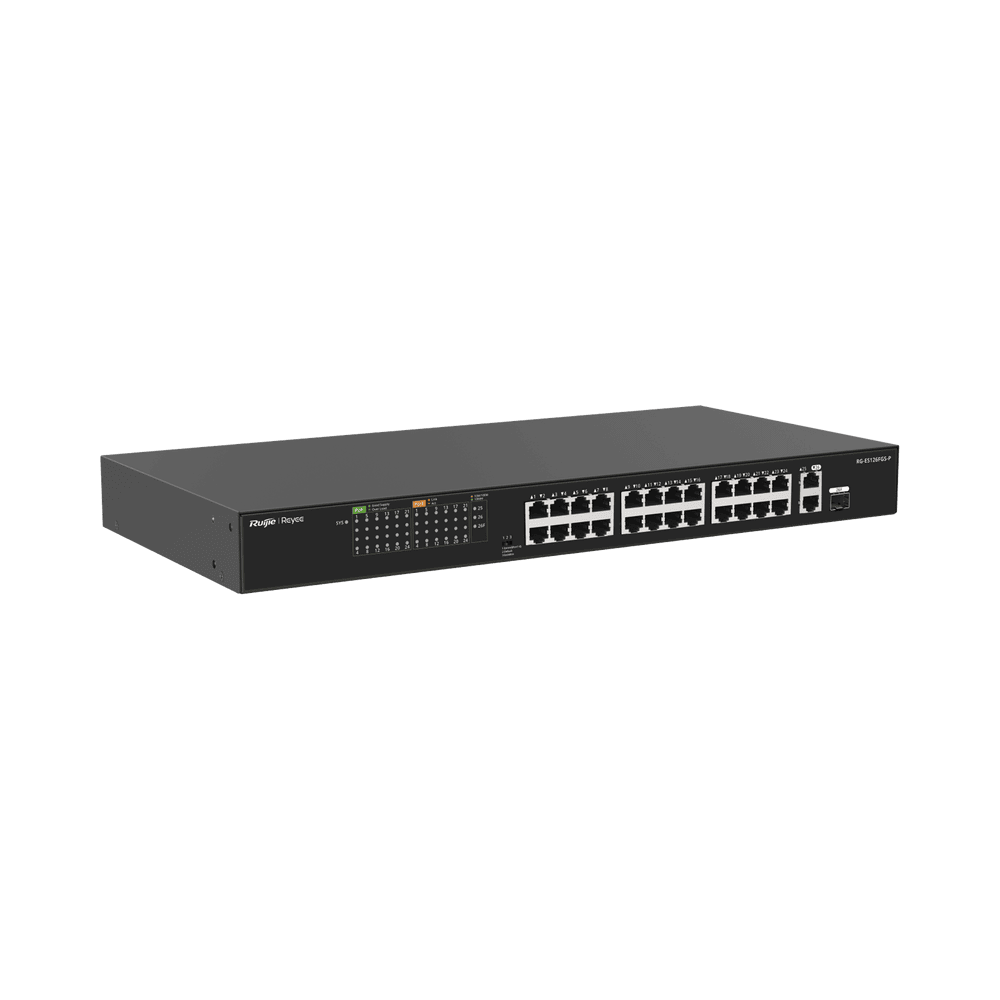 RGES126FGSP-l Switch PoE+ no Administrable, hasta 370 Watts Ideal para CCTV, 24 Puertos 10/100 PoE+, 2 Uplinks Gigabit (1 SFP COMBO) RG-ES126FGS-P 1