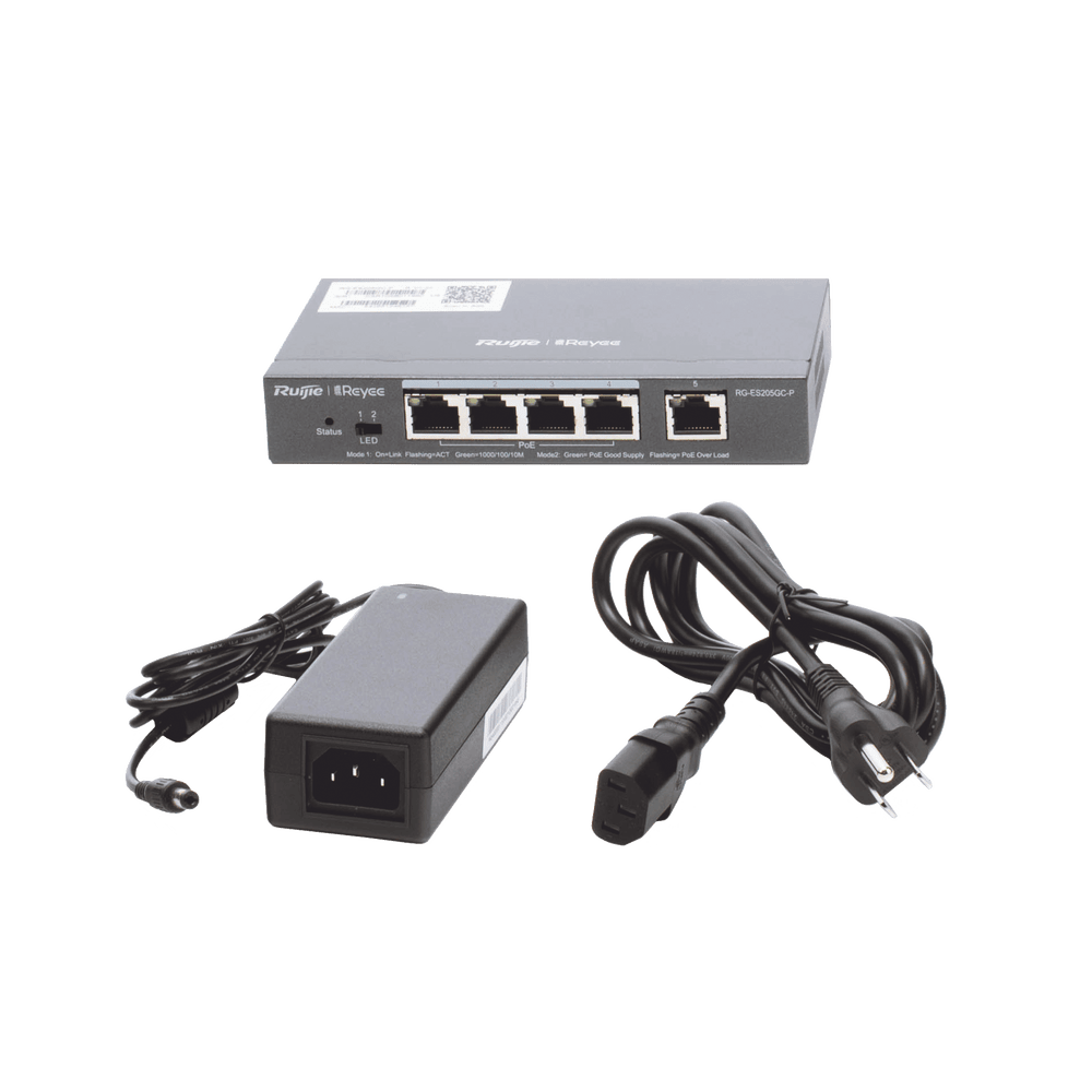 RGES205GCP-AD-4-l Switch Administrable PoE con 5 puertos Gigabit, 4 PoE 802.3af/at, gestión gratuita desde la nube, 54w RG-ES205GC-P 5