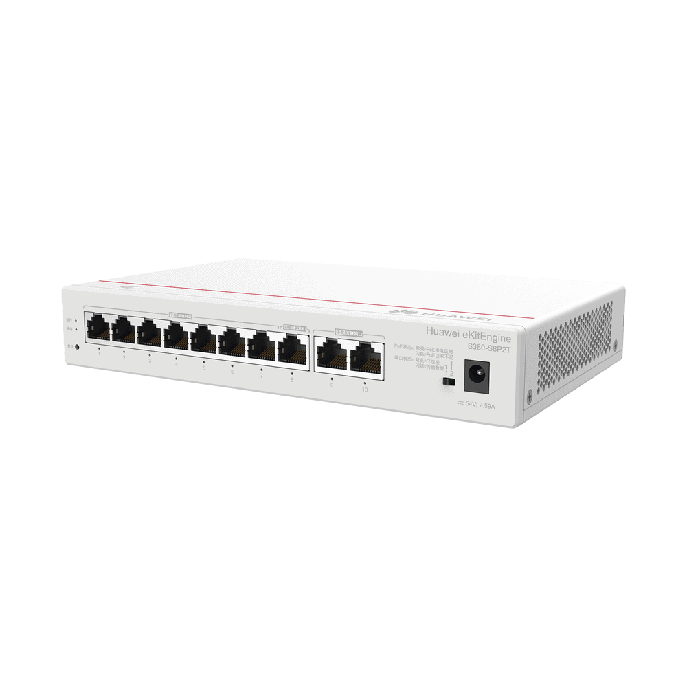 S380S8P2T-AD-2-l Router eKit / 2 Puertos WAN Gigabit / 1 Puerto LAN/WAN Gigabit / 7 Puertos PoE LAN Gigabit / Presupuesto PoE 124 W / Rendimiento de 2 Gbps / Controlador (64 APs) / Hasta 250 clientes / Libre de licenciamiento S380-S8P2T 3