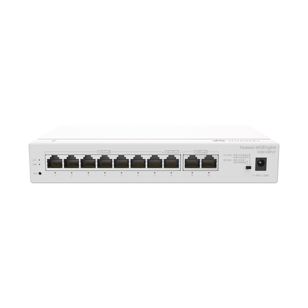 S380S8P2T-l Router eKit / 2 Puertos WAN Gigabit / 1 Puerto LAN/WAN Gigabit / 7 Puertos PoE LAN Gigabit / Presupuesto PoE 124 W / Rendimiento de 2 Gbps / Controlador (64 APs) / Hasta 250 clientes / Libre de licenciamiento S380-S8P2T 1