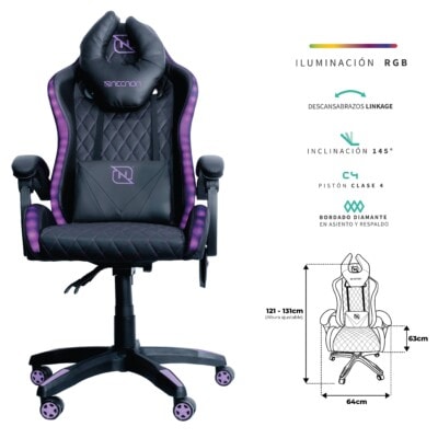 SILLA GAMER RGB INCLINACION RESPALDO 145 CLASE 4 140-150KG NSG-RGB1 FOAM 350MM 63CM*64CM*121-131CM COJIN LUMBAR Y CABEZA NEGRO/ROSA