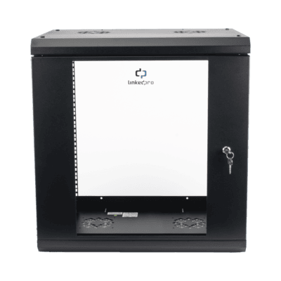 Gabinete de Pared de 12U con Puerta de Cristal Templado, 455 mm de Profundidad, Rack de 19'', Acero Reforzado Color Negro.