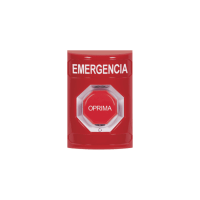 Botón de Emergencia, Texto en Español, Color Rojo, Acción Mantenida, Girar para Restablecer y LED Multicolor
