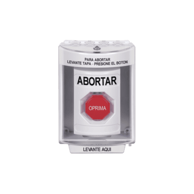 Botón de Abortar, Bocina de Advertencia Integrada, Texto en Español, Tapa Protectora de Policarbonato Súper Resistente con Espaciador, Restablecimiento con Llave