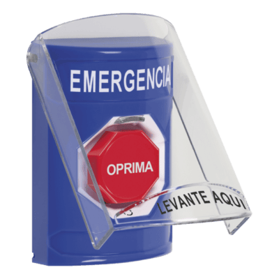 Botón Multipropósito, Color Azul, De Superficie, Con Tapa De Policarbonato, Sin Bocina Prealarma, Para Interior, Girar Para Restablecer, Texto De Emergencia, Español