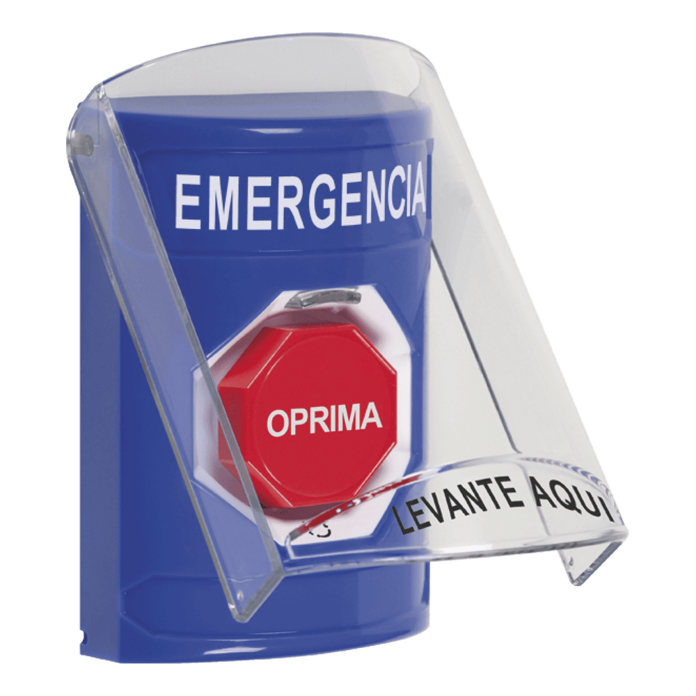 SS2429EMES-l Botón Multipropósito, Color Azul, De Superficie, Con Tapa De Policarbonato, Sin Bocina Prealarma, Para Interior, Girar Para Restablecer, Texto De Emergencia, Español SS2429EM-ES 1