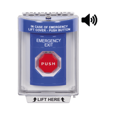 Botón De Salida De Emergencia Con Bocina De Advertencia Integrada, Interior/Exterior, Texto En Ingles, Tapa Protectora De Policarbonato Súper Resistente, Neumático