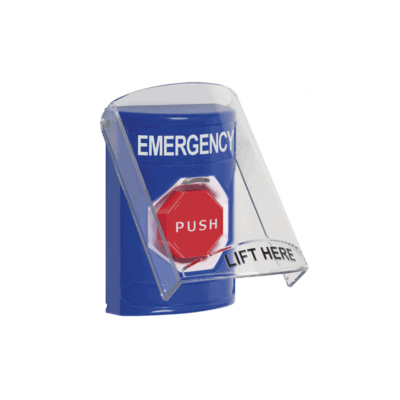 Botón Multipropósito, Color Azul, De Superficie, Con Tapa De Policarbonato, Con Bocina Pre Alarma, Para Interior, Llave Para Restablecer, Texto De Emergencia, Ingles