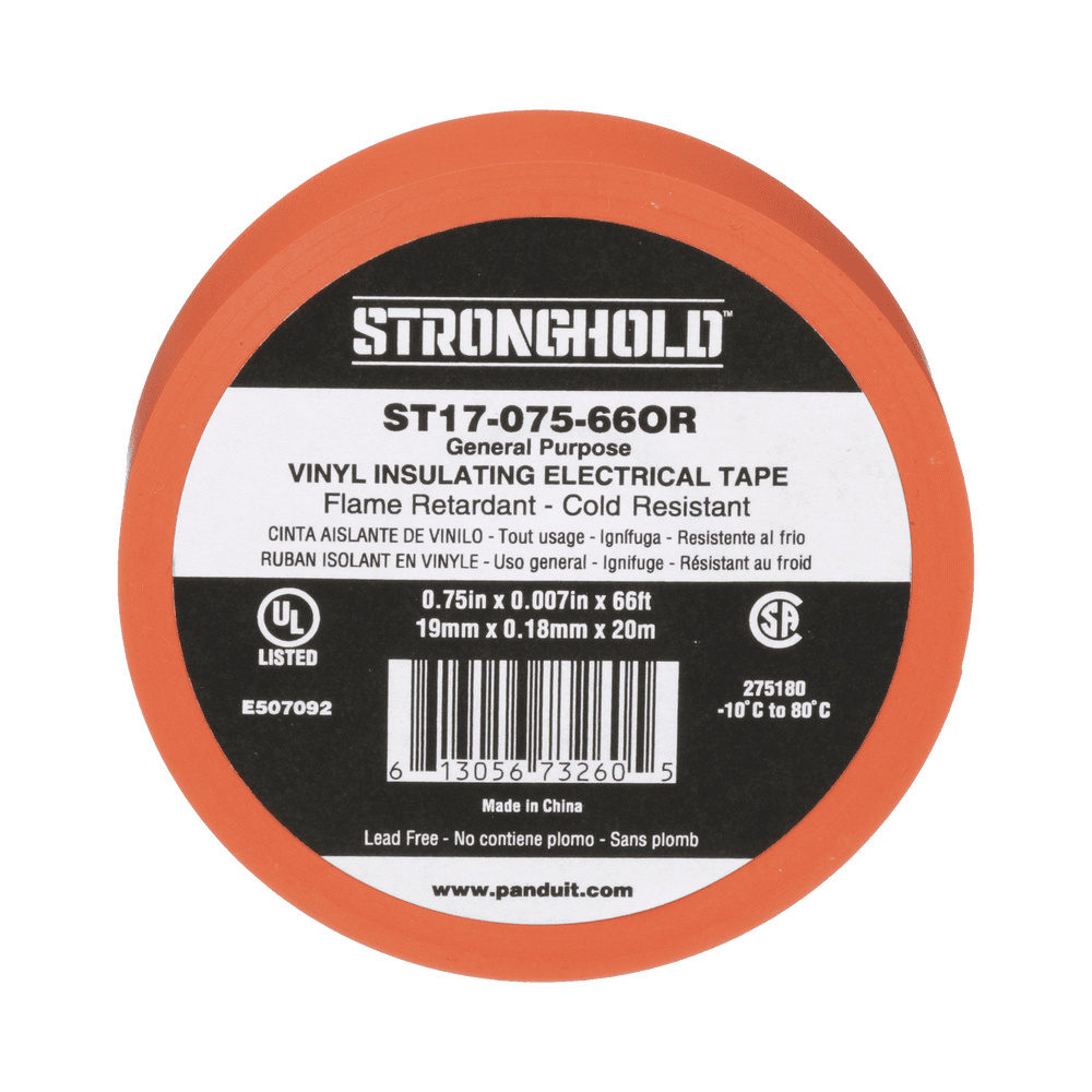 ST1707566OR-l Cinta Eléctrica STRONGHOLD para Aislar, de PVC, Uso General Reparación y Mantenimiento, Grosor de 0.18mm (7 mil), Ancho de 19mm, y 20.12m de Largo, Color Naranja ST17-075-66OR 1