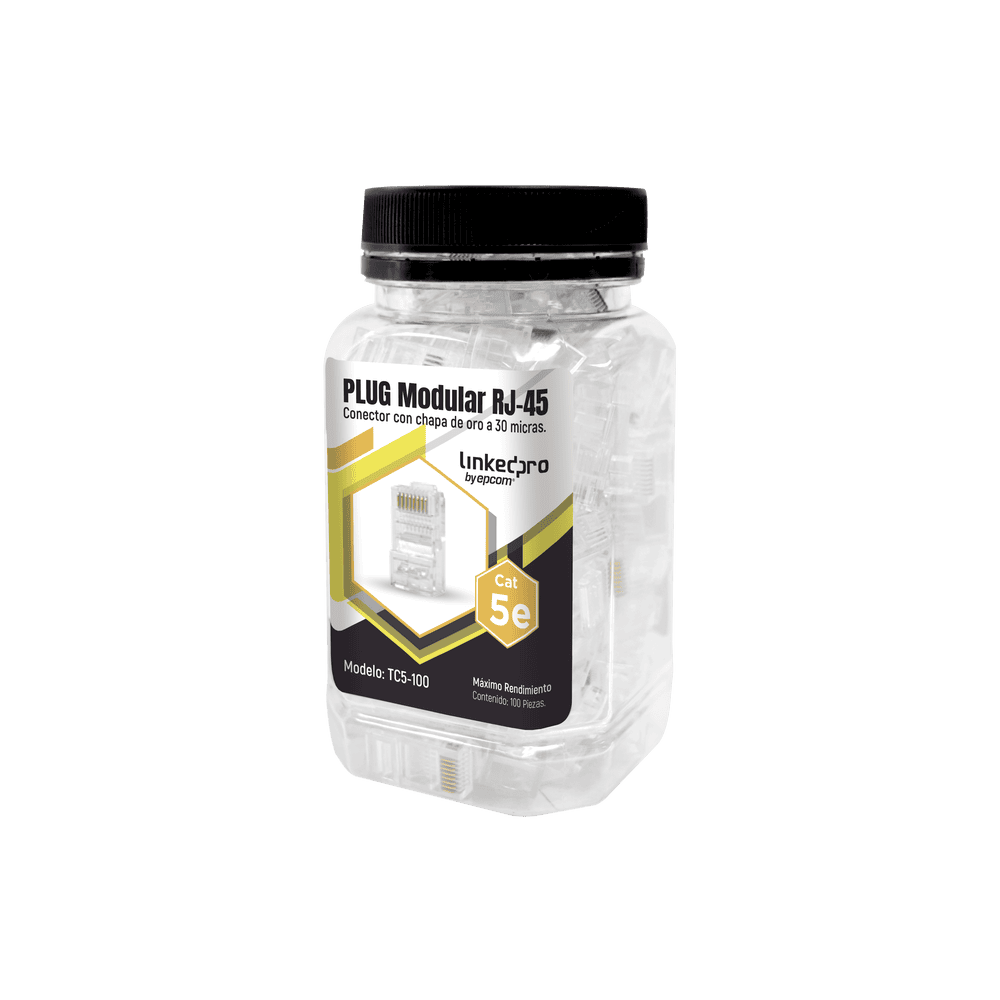 TC5100-l Bote con 100 Piezas de Plug Modular RJ45 Cat5e sin Blindaje, Chapado de Oro a 30 Micras para Durabilidad Extrema TC5-100 1