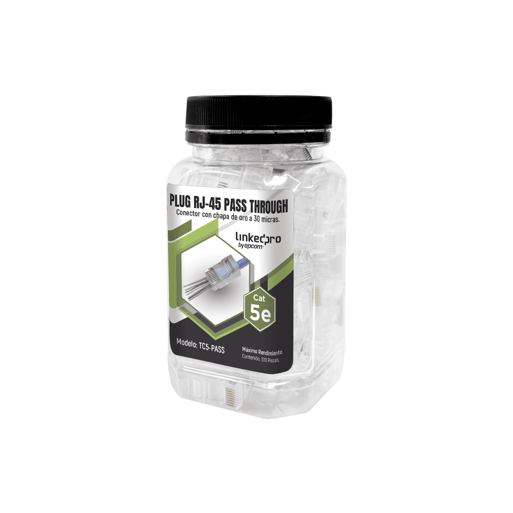 TC5PASS-l Bote con 100 Plugs Pass Through RJ45 Cat5e sin Blindaje, Chapado de Oro a 30 Micras para Durabilidad Extrema TC5-PASS 1