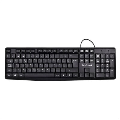 Teclado Alámbrico Techzone TZACTA04 color negro, tipo QWERTY, con indicadores: numérico, mayúscula y bloqueo de desplazamiento,  105 teclas
