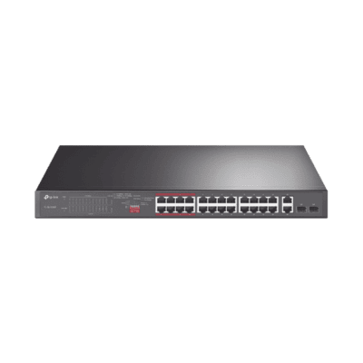 Switch No Administrable 24 Puertos PoE+ 10/100 Mbps / 2 Puertos 10/100/1000 Mbps + 2 Puertos SFP (combo) / Modo Prioridad de Tráfico / Modo Aislamiento de Red / Presupuesto PoE de 250 W / Diseño para Ideal para Vigilancia IP
