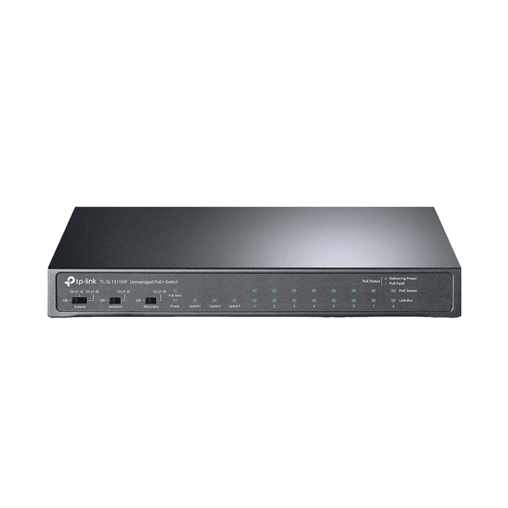 TLSL1311MP-l Switch PoE+ No Administrable De Escritorio 11 Puertos / 8 puertos 10/100 Mbps PoE af/at Inteligiente / Presupuesto 124 W / Hasta 250 metros TL-SL1311MP 1