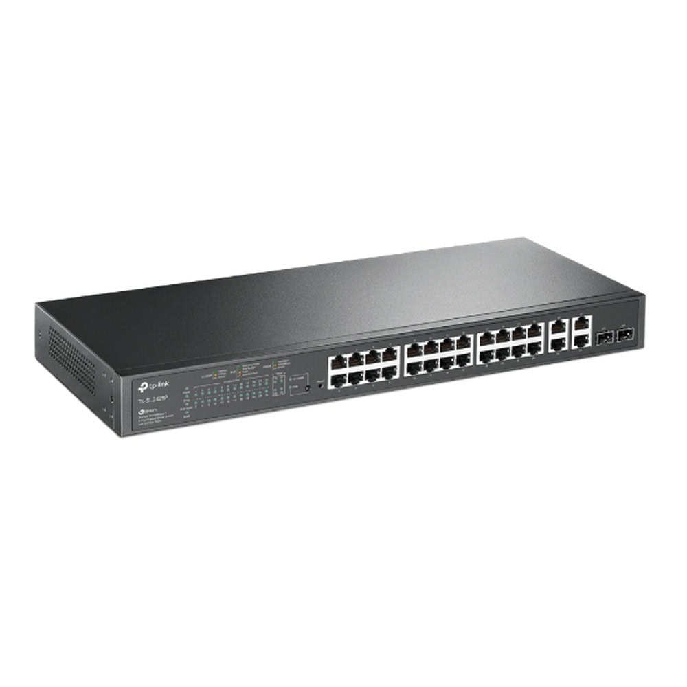 TLSL2428P-FRENTE-l Switch PoE+ JetStream SDN Administrable 24 puertos 10/100 Mbps + 2 puertos 10/100/1000 Mbps (Uplink) + 2 puertos SFP (combo 2 RJ45 10/100/1000 Mbps), 250W, administración centralizada OMADA SDN TL-SL2428P 2