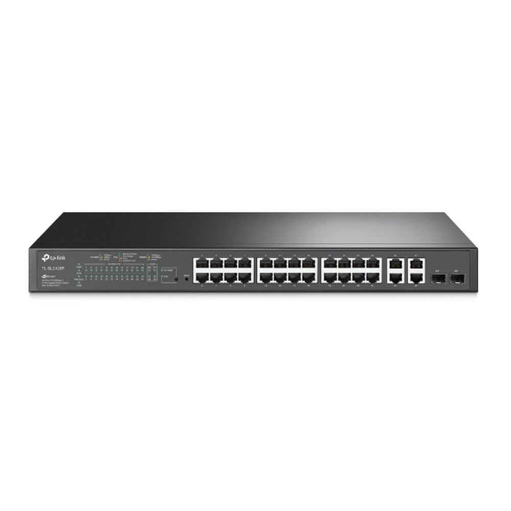 TLSL2428P-l Switch PoE+ JetStream SDN Administrable 24 puertos 10/100 Mbps + 2 puertos 10/100/1000 Mbps (Uplink) + 2 puertos SFP (combo 2 RJ45 10/100/1000 Mbps), 250W, administración centralizada OMADA SDN TL-SL2428P 1