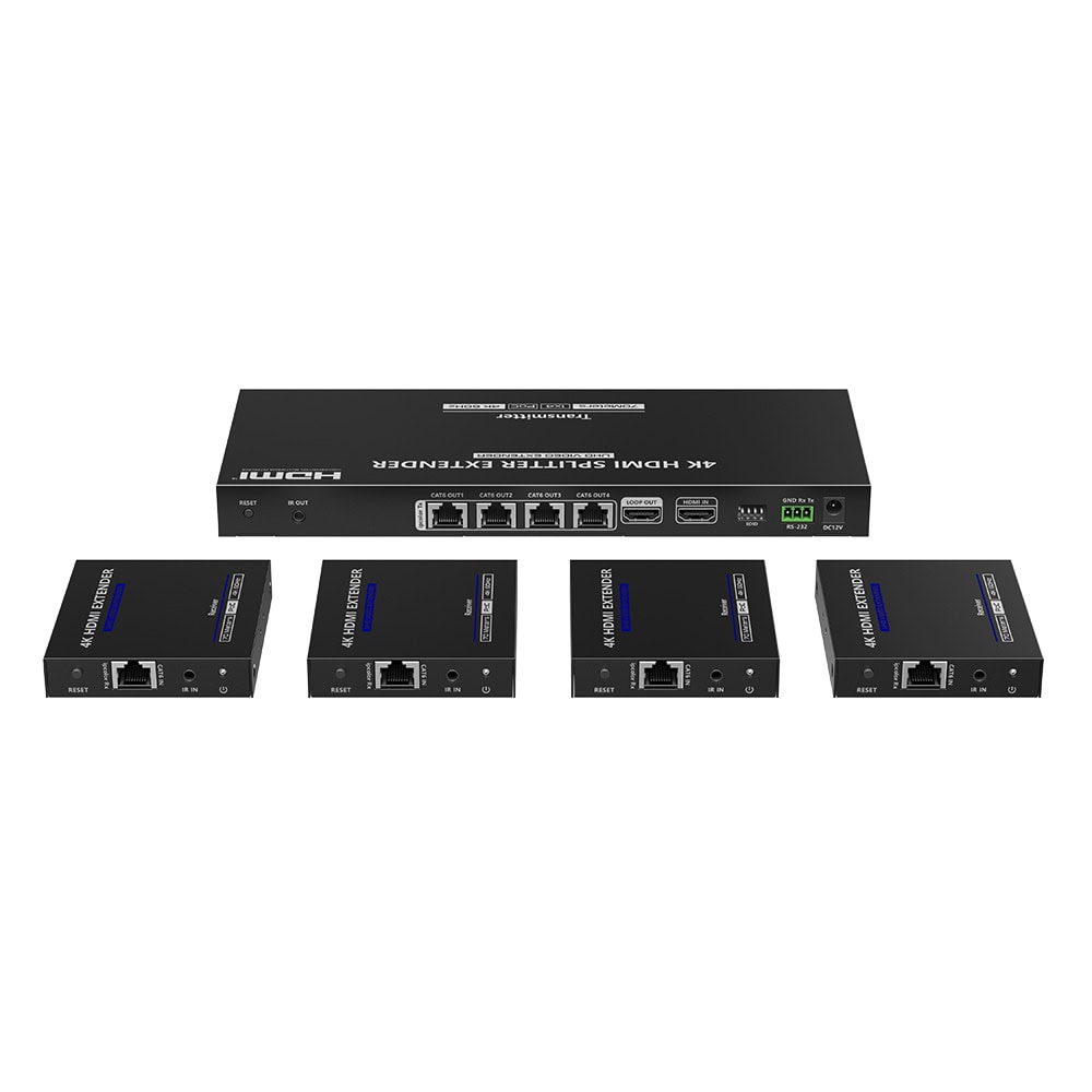 TT824N-FRENTE-l Kit Divisor y Extensor HDMI | 1x4 | Hasta 70 m |Resolución 4K @ 60 Hz | Cat 6/6a/7 | IPCOLOR | CERO LATENCIA | Puerto S/PDIF | EDID | RS232 | Salida Loop / PoC TT-824N 2