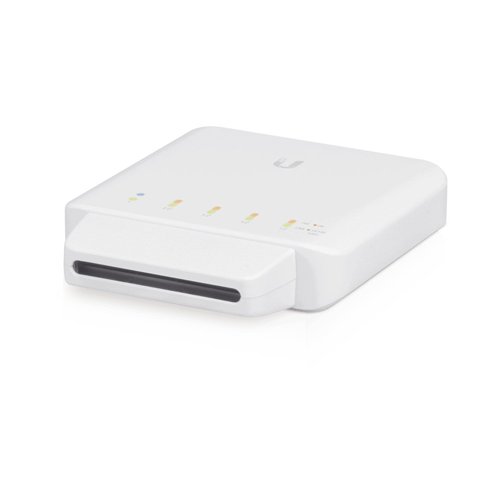 USWFLEX-FRENTE-l Switch UniFi FLEX de 5 puertos para semi-exterior IP55 (1 x PoE de entrada 802.3af/at/bt y 4 puertos PoE de salida 802.3af) USW-FLEX 2