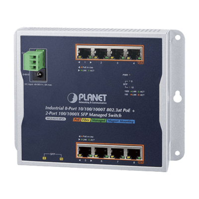 Switch Industrial PoE Administrable de Pared Capa 2, 8 Puertos Gigabit PoE 802.3at y 2 Puertos 100/1000X SFP