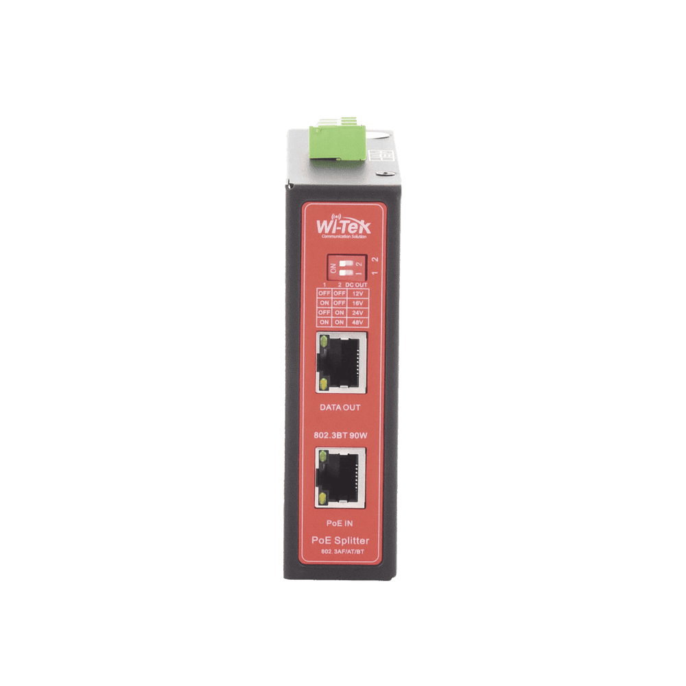 WIPOE55SBTIDC-FRENTE-l Splitter PoE IN hasta 90 W / Salida DC 12v/16V/24v o 48V / Carcasa metálica / Industrial soporte para riel DIN / Aplicaciones CCTV WIPOE55SBTIDC 2