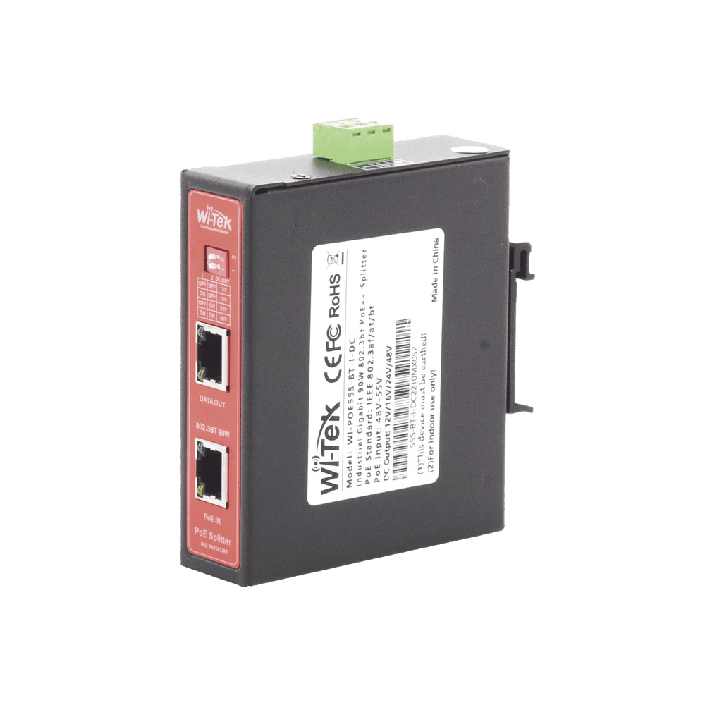 WIPOE55SBTIDC-l Splitter PoE IN hasta 90 W / Salida DC 12v/16V/24v o 48V / Carcasa metálica / Industrial soporte para riel DIN / Aplicaciones CCTV WIPOE55SBTIDC 1