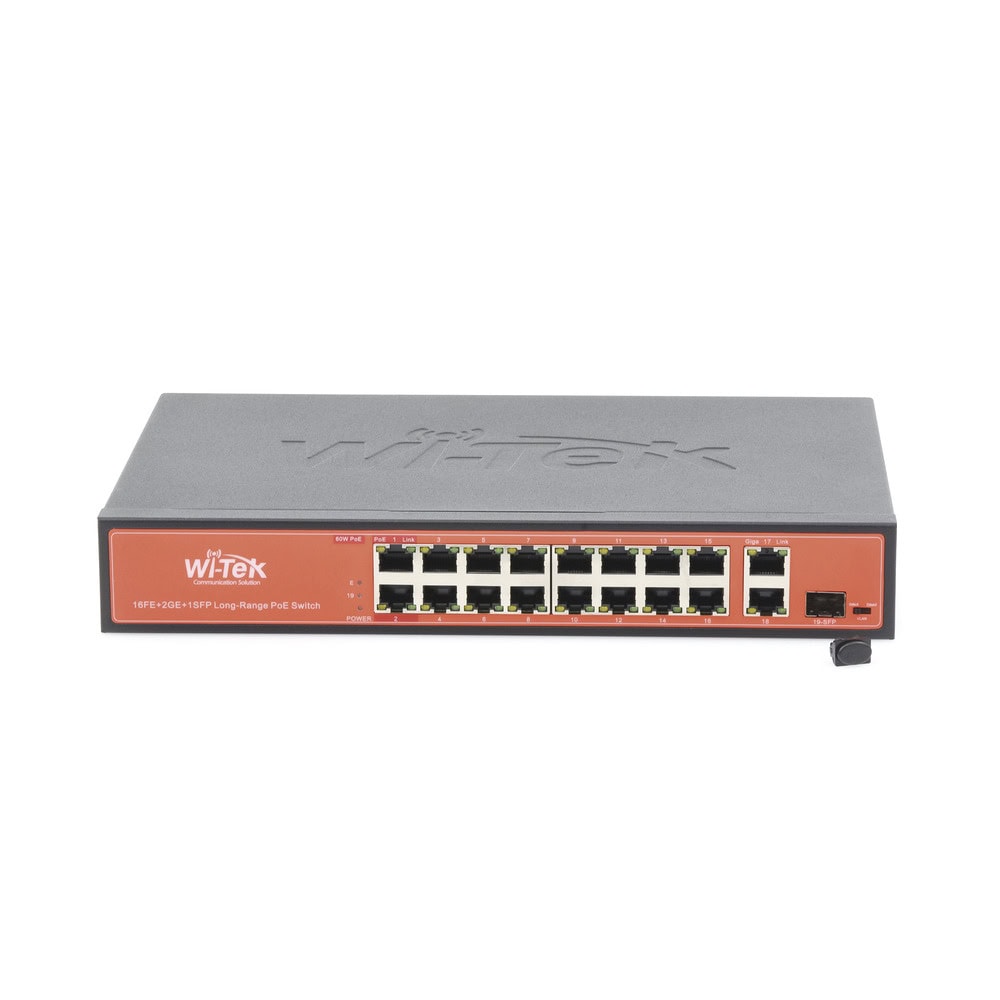 WIPS518G-FRENTE-l Switch PoE (802.3af/at/bt) / No administrable de largo alcance / Hasta 250m / 16 x 10/100Mbps (PoE) + 2 x 100/1000Mbps + 1 x SFP / 200 W WI-PS518G 4