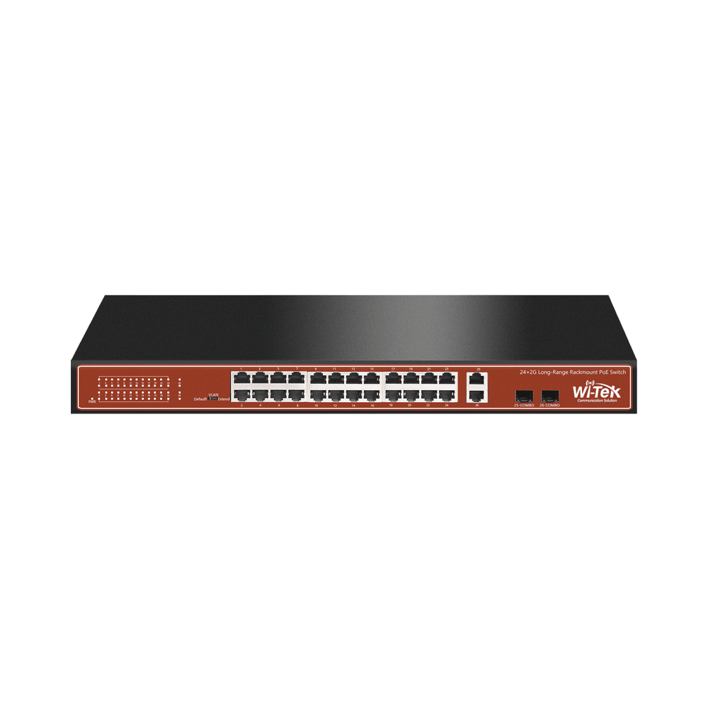 WIPS526G-l Switch PoE (802.3af/at/bt) / No administrable de largo alcance / Hasta 250m / Con 24 x 10/100Mbps + 2 x SFP Gigabit Combo / 250 W WI-PS526G 1