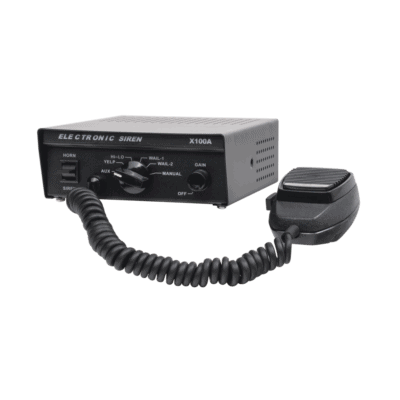 Sirena Vehicular de 100W de Potencia, Con Switch Giratorio de 6 posiciones y Micrófono Integrado de Uso Rudo