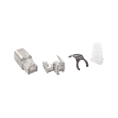 Plug RJ45 Cat6A Blindado, Terminación en Campo, Compatible con Todas las Categorías, con Clip Protector de Seguro