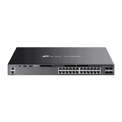 Switch Omada L3 SDN Administrable / 24 puertos PoE af/at Gigabit y 4 puertos SFP+ / Presupuesto PoE 720W / Funciones RIP, VRRP, Servidor DHCP / Administración centralizada OMADA / Fuente Redundante